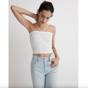 Madewell Poplin Smocked Eyelet Halter Crop Top – White – Size M (NWT)